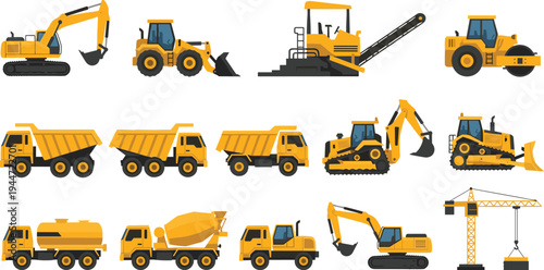 Construction machinery collection including excavator, bulldozer, dump truck, concrete mixer, crane, road roller and heavy equipment vehicles illustration