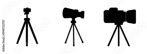 Photography equipment vector illustration featuring camera tripod and studio lighting setup for photographers