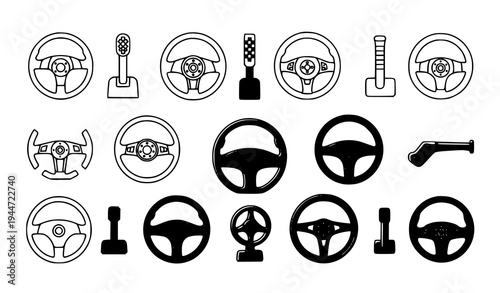 Automotive steering wheel line outline and glyph icon pack for sport car garage mechanic and vehicle interior design