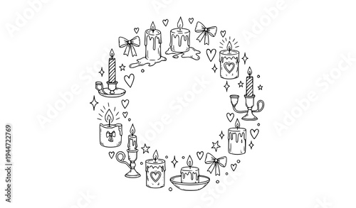 Romantic coquette candle doodle icon pack with whimsical hand drawn ink candle elements vector set