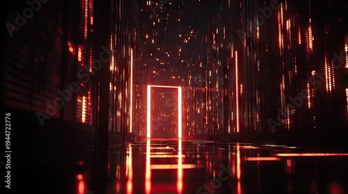 Illuminated doorway glows brightly within a dark, digital corridor environment