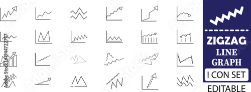 zigzag line graph  icon set , line vector illustration. A zigzag line graph visually represents fluctuating data over time, highlighting rises and falls to clearly show trends, volatility, and pattern
