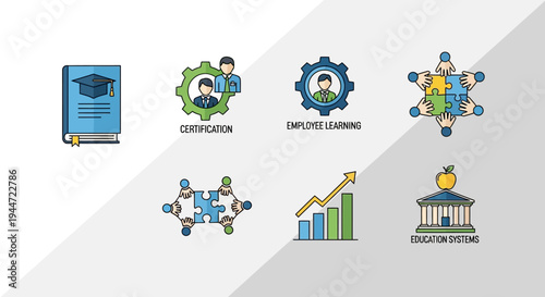 Educational icons representing learning certification employee development and systems