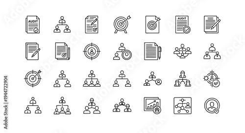 Set of business and management icons organization charts and documents