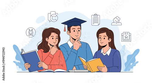 Students with books graduation cap and icons illustrate education success