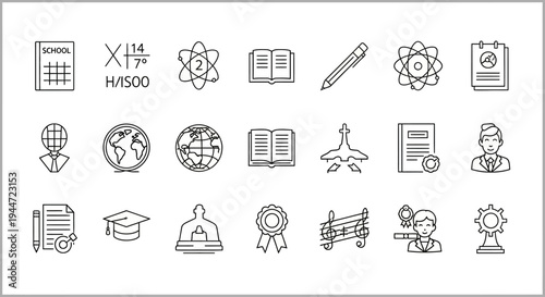 Educational icons school atom books pencil graduation cap and more