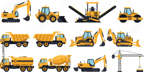 Heavy construction machinery set with excavators, bulldozers, dump trucks, concrete mixer, crane, road roller and engineering vehicles illustration