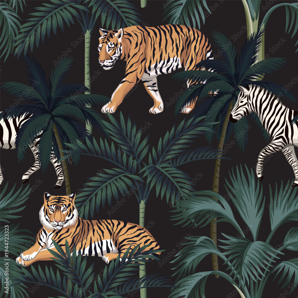 Obraz premium Tiger animal, zebra, tropical palms dark seamless pattern. Exotic night botanical jungle wallpaper.