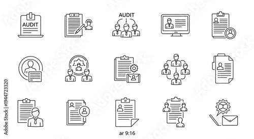 Business and audit icons for reports and reviews on a white background