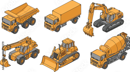 Isometric construction vehicles set including dump truck, excavator, bulldozer, crane truck, cargo truck and concrete mixer illustration