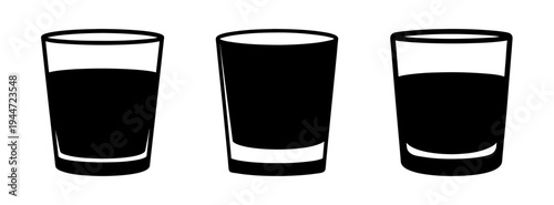 Three black and white drinking glasses illustration for bar drink beverage and liquid concept design