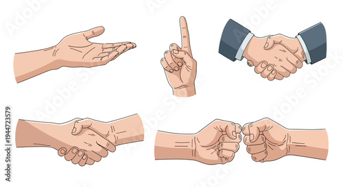 Diverse hand gestures illustration for communication and conceptual imagery