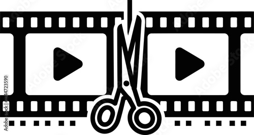 Video editing icon with scissors and film strips