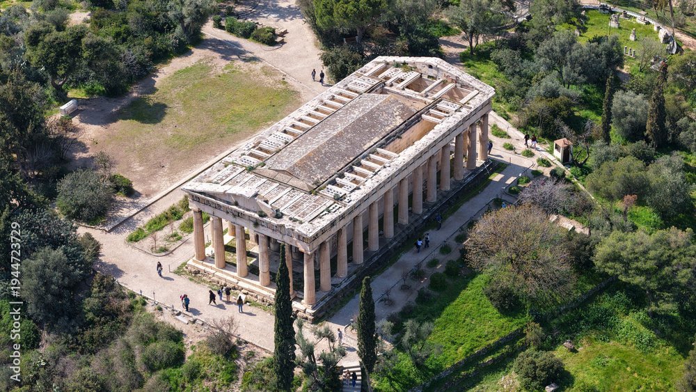 Fototapeta premium Aerial drone photo of iconic Temple of Hephaestus in Ancient Agora of Athens historic centre built below Acropolis hill , Attica, Greece