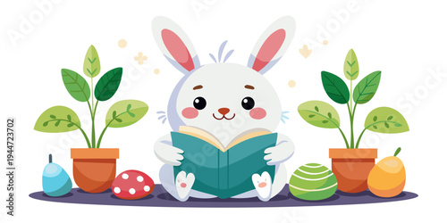 Cute easter bunny reading a book to happy growing eggs with sprouts and plants on white background
