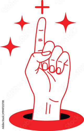 A hand with middle finger raised and red magic symbols