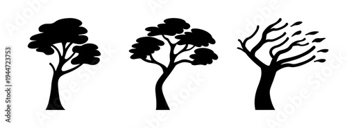 Vector illustration of black tree silhouettes for nature designs and landscape projects, trees art