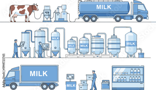 Milk production process illustration showing dairy farm cow milking, processing equipment, storage tanks, packaging, refrigerated display and delivery trucks