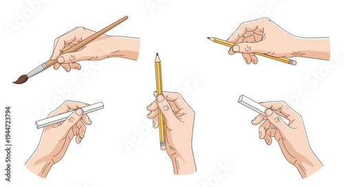 Hands holding art supplies brush pencil and eraser set on white background