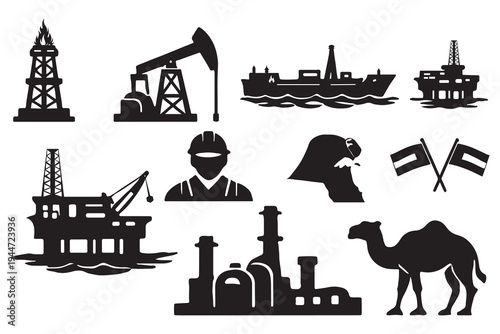 Set of 10 Black Silhouette Oil and Gas Industry Vector Icons with Middle Eastern Elements for Energy and Business Concepts