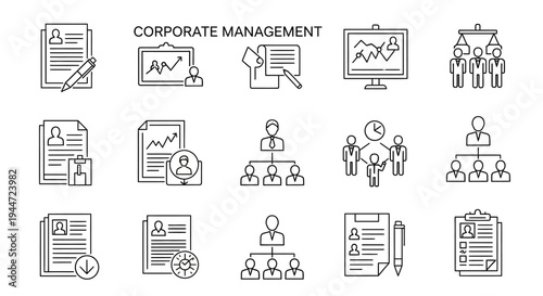 Corporate management and business operations vector icon set on white