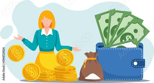 Woman with Money Management Vector Illustration: Financial Planning, Investment, and Savings Concept with Wallet, Cash, and Gold Coins