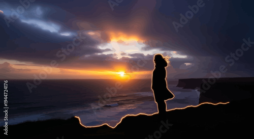 alone women are stand to beside sunset