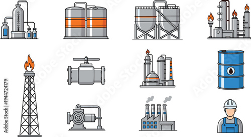 Oil and gas refinery industry icons featuring storage tanks, pipelines, flare tower, petroleum barrel, factory plant and engineer illustration