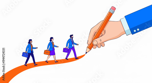 Business people walking on an orange path drawn by a large hand holding a pencil, symbolizing career growth, leadership, and professional development vector illustration