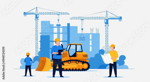Construction site vector illustration with workers, bulldozer, and cranes building a modern city skyline, ideal for engineering, real estate, and urban development projects.