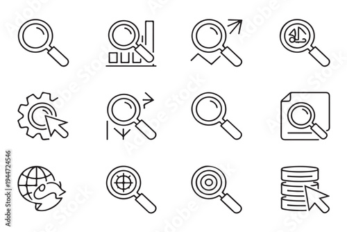 Data analysis and search icon set featuring magnifying glasses with charts gear globe and database symbols for business research information exploration and digital investigation concepts