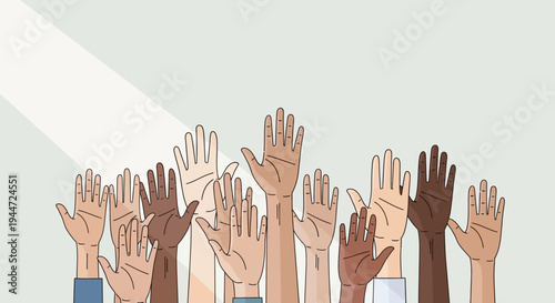 Diverse hands raised in unity against light illustration for concepts