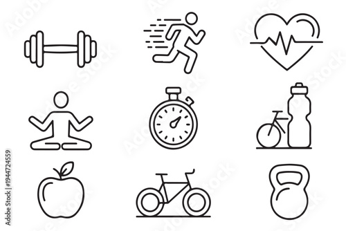 Healthy lifestyle and fitness icon set including sports equipment exercise routines and nutritional elements for gym branding workout apps and wellness design projects on gray background