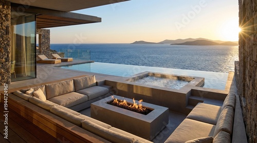 Luxury outdoor living space with a fire pit and pool overlooking the ocean during sunset on a warm evening