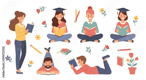 Diverse group reading books vector illustration for educational purposes