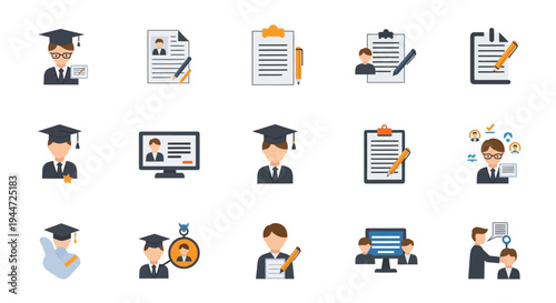 Education and career icons graduation resume and assessment concepts