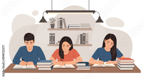 Students studying at a table with books and writing under warm light