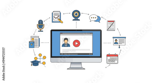 Online education concept with computer screen and related icons