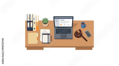 Flat Icon of Lawyer Office Desk with Legal Workspace Essentials
