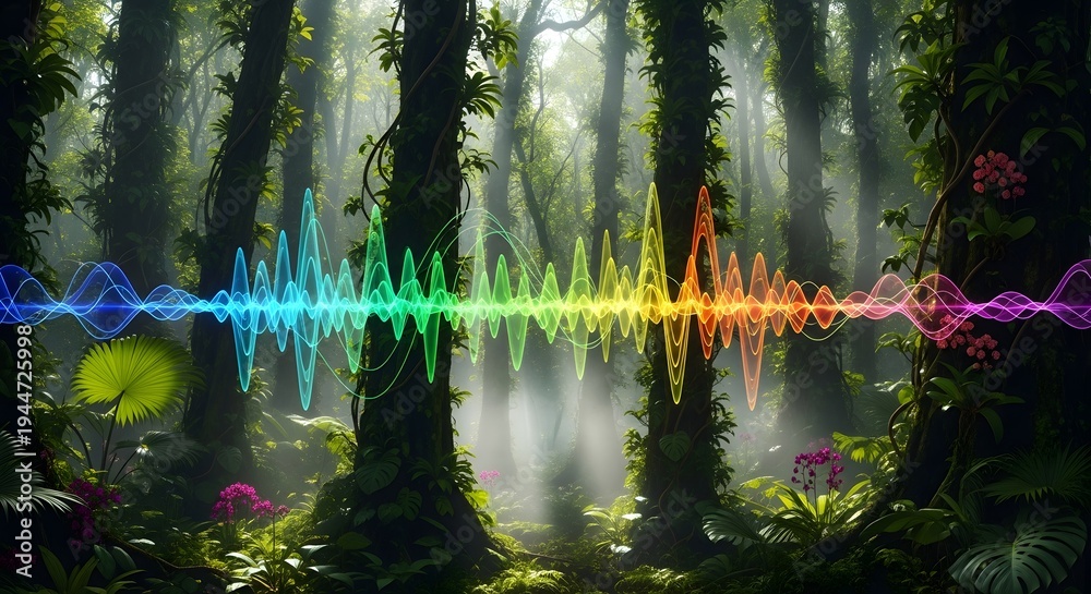 Obraz premium Vibrant Soundwave Overlayed on a Lush, Verdant Forest Scene, Illustrating the Harmony of Nature and Audio