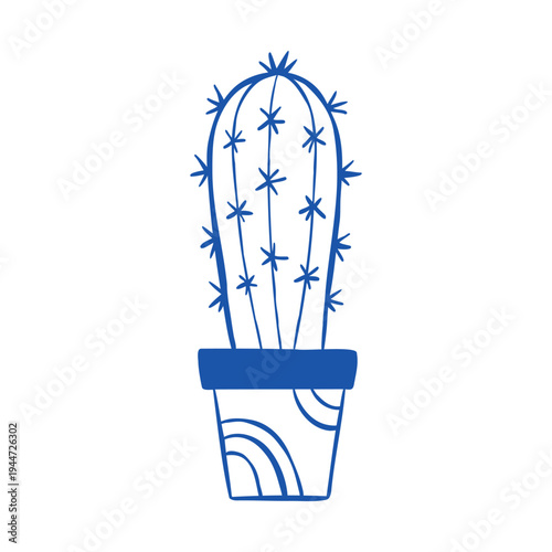Vector minimalist line illustration of cactus in a pot. Hand-drawn house plant isolated on a white background. Outline botanical drawing for poster, card, or packaging design.