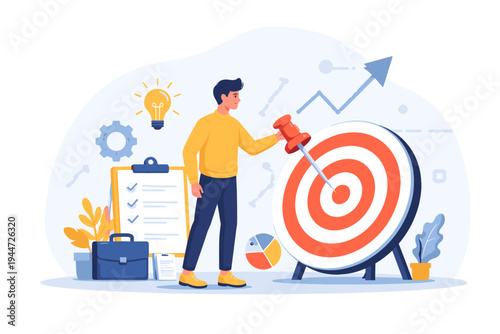 Business Strategy Concept with a Man Aiming for a Target Goal Using a Pushpin, Featuring Icons for Planning, Innovation, Tasks, and Financial Growth in a Modern Flat Vector Illustration Style.