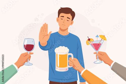Man Refusing Alcohol and Making Stop Gesture to Offered Beer, Wine, and Cocktail Drinks. Concept of Sobriety, Addiction Recovery, Healthy Lifestyle, and Saying No to Social Pressure. Flat Vector.