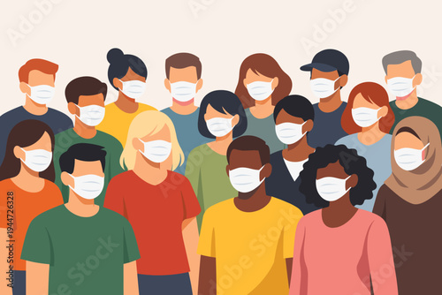 Diverse Crowd of People Wearing Protective Face Masks for Health and Safety, Multicultural Group in Simple Flat Vector Illustration Style for Pandemic Prevention, Virus Protection and Awareness.