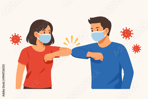 Vector Illustration of a Man and Woman Wearing Protective Face Masks and Doing an Elbow Bump Greeting to Prevent the Spread of Coronavirus COVID-19 Pandemic Social Distancing Safety Precautions.