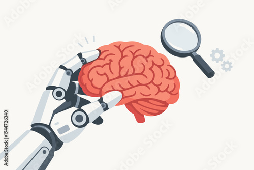 Artificial Intelligence and Neuroscience Concept Illustration with a Robotic Hand Holding a Human Brain, Magnifying Glass, and Gears Representing Machine Learning, Data Analysis, and Future Tech