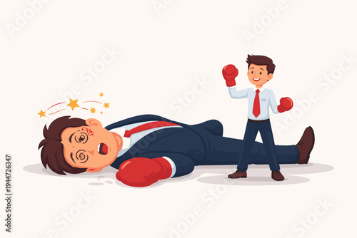 Small businessman wearing boxing gloves standing over a giant fallen rival. Concept of underdog victory, business competition, overcoming challenges, market dominance, and success. Flat vector.