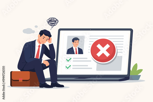 Sad Businessman Sitting on Briefcase Feeling Depressed After Being Denied in Online Job Application on Laptop Screen. Flat Vector Illustration of Unemployment, Career Failure, and Mental Stress.