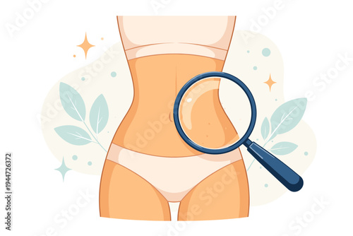 Slim female body under magnifying glass for skin examination and dermatology checkup. Flat vector illustration of a woman's abdomen and waist for health, beauty, weight loss, and medical concepts.