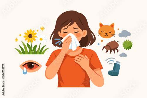 Flat vector illustration of a woman with seasonal allergy symptoms blowing her nose, featuring common triggers like pollen, pet dander, dust mites, asthma inhaler, and watery red eyes icons.